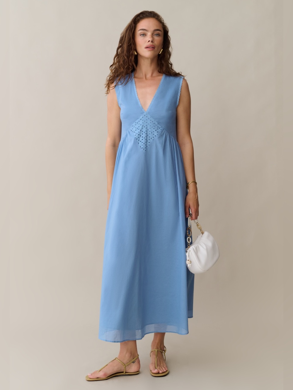 Few Moda Sonnet Cotton Dress Blue Eyelet Empire Waist Maxi Dress Size L NWT